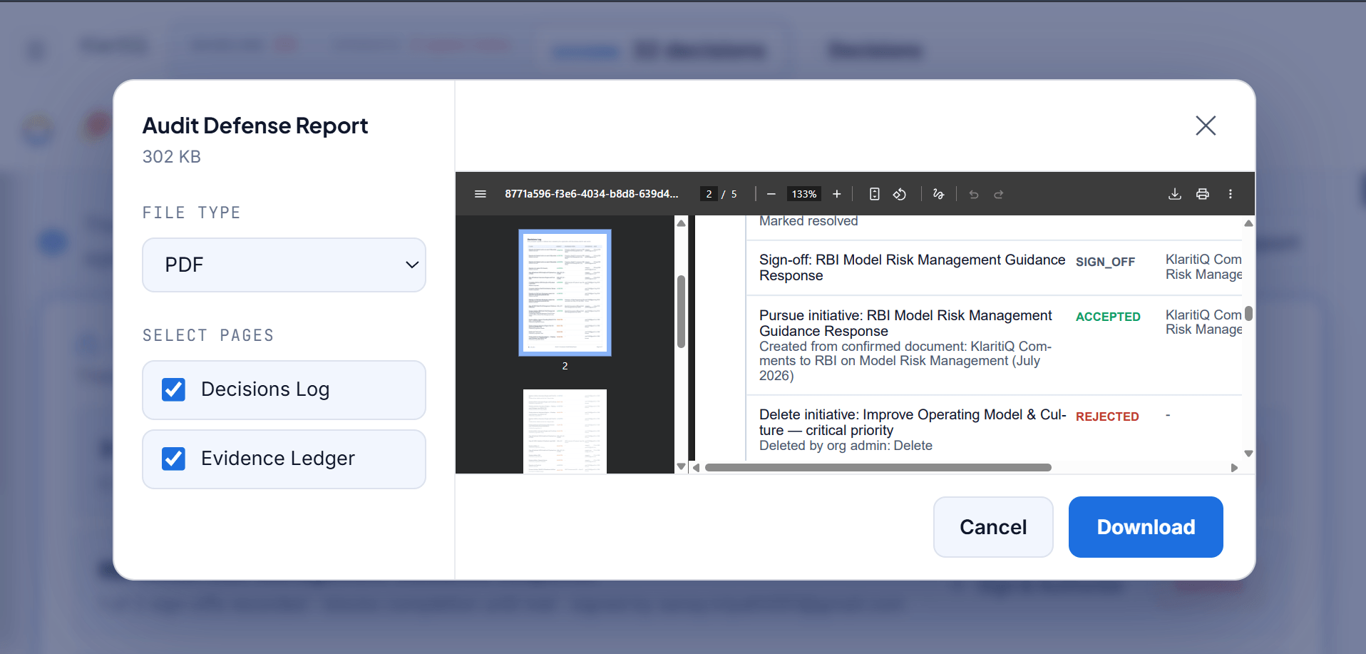 KlaritiQ Export Audit Defense Report dialog with a live PDF preview of the Decisions Log and Evidence Ledger