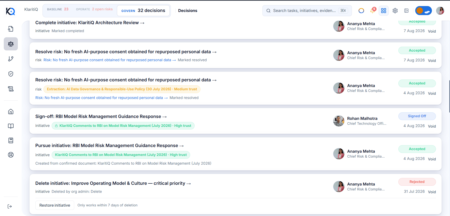 KlaritiQ Decisions Log showing resolved risks and signed-off initiatives, each with its owner, evidence citation, status, and date